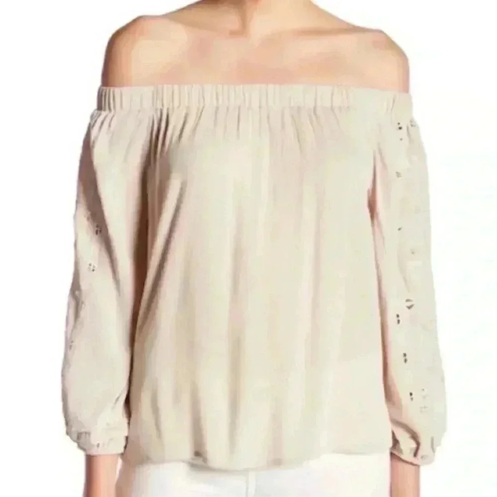ASTR | Cream Off the Shoulder Flowy Gauze Top with Embroidery on Sleeves